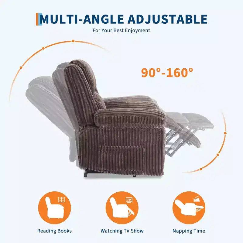Corduroy Recliner Chair, Manual Recliner Sofa with Handle, Pillow Top Arms, Thick Padding, Side Pocket, 400Lbs Capacity, Adjustable Recliner
