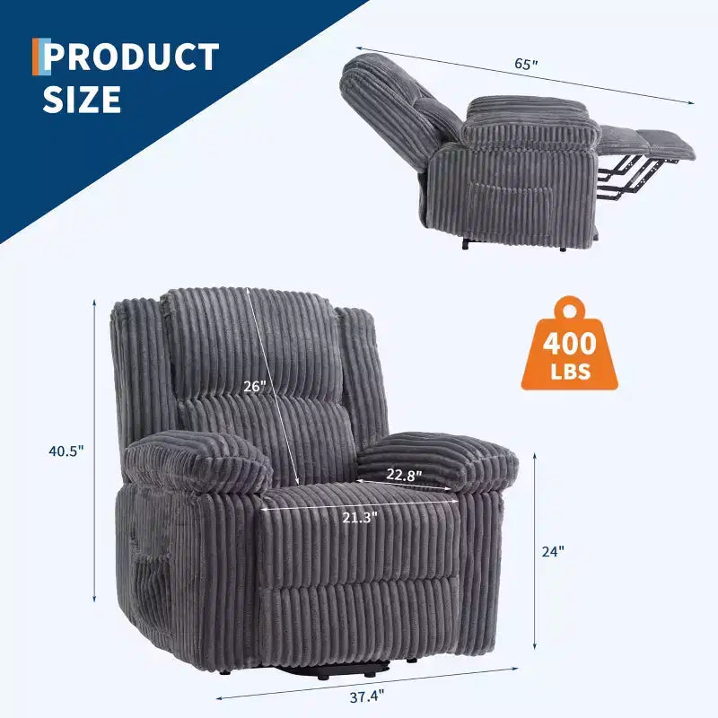 Corduroy Recliner Chair, Manual Recliner Sofa with Handle, Pillow Top Arms, Thick Padding, Side Pocket, 400Lbs Capacity, Adjustable Recliner