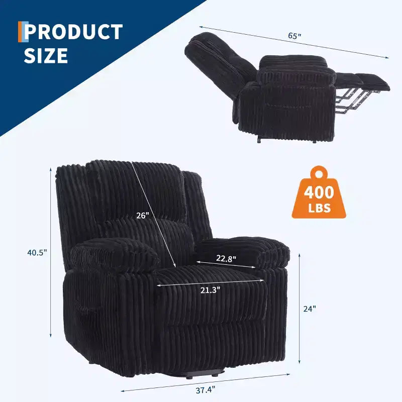 Corduroy Recliner Chair, Manual Recliner Sofa with Handle, Pillow Top Arms, Thick Padding, Side Pocket, 400Lbs Capacity, Adjustable Recliner