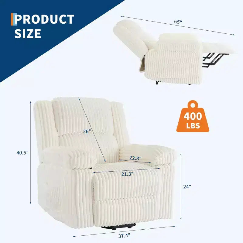 Corduroy Recliner Chair, Manual Recliner Sofa with Handle, Pillow Top Arms, Thick Padding, Side Pocket, 400Lbs Capacity, Adjustable Recliner