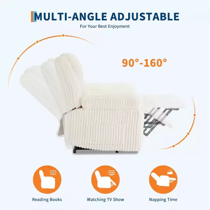 Corduroy Recliner Chair, Manual Recliner Sofa with Handle, Pillow Top Arms, Thick Padding, Side Pocket, 400Lbs Capacity, Adjustable Recliner