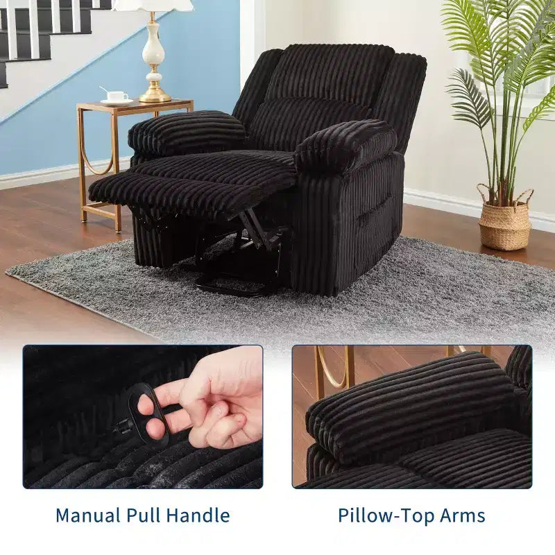 Corduroy Recliner Chair, Manual Recliner Sofa with Handle, Pillow Top Arms, Thick Padding, Side Pocket, 400Lbs Capacity, Adjustable Recliner