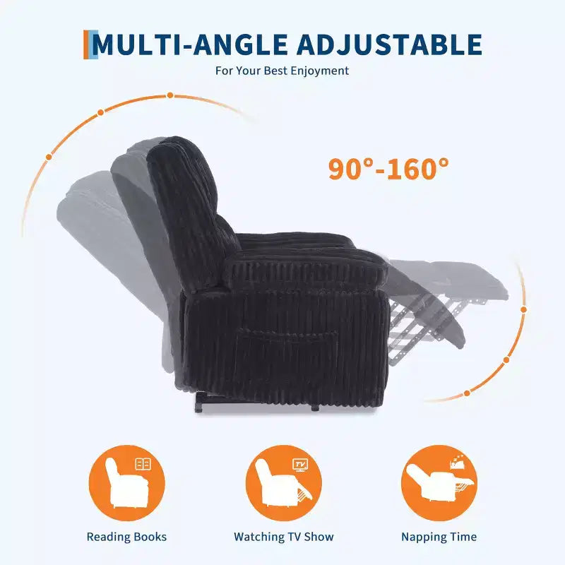 Corduroy Recliner Chair, Manual Recliner Sofa with Handle, Pillow Top Arms, Thick Padding, Side Pocket, 400Lbs Capacity, Adjustable Recliner