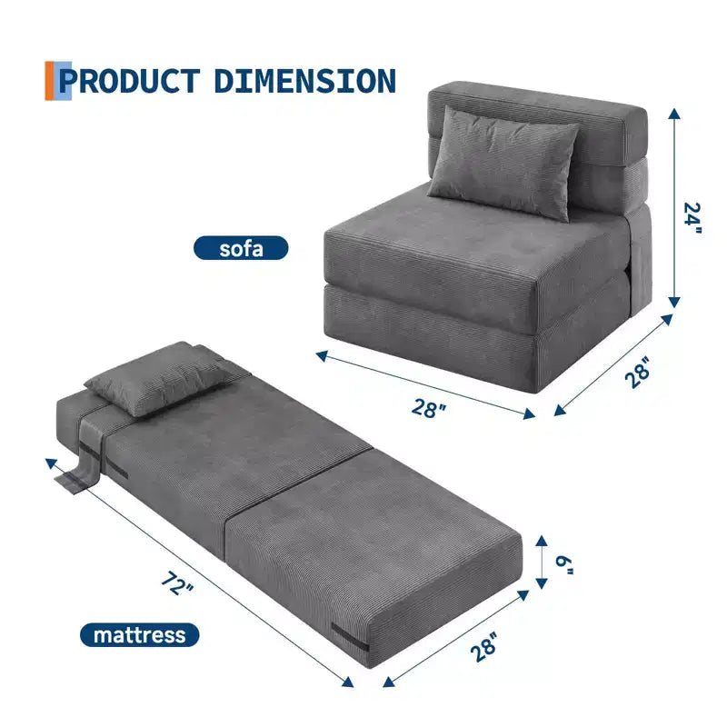 72 x 28 x 6 Inches Folding Sofa Bed Sleeper Chair, Convertible Futon Couch with Pillow, Single Size Foldable Mattress for Living Room, Dorm, Apartment