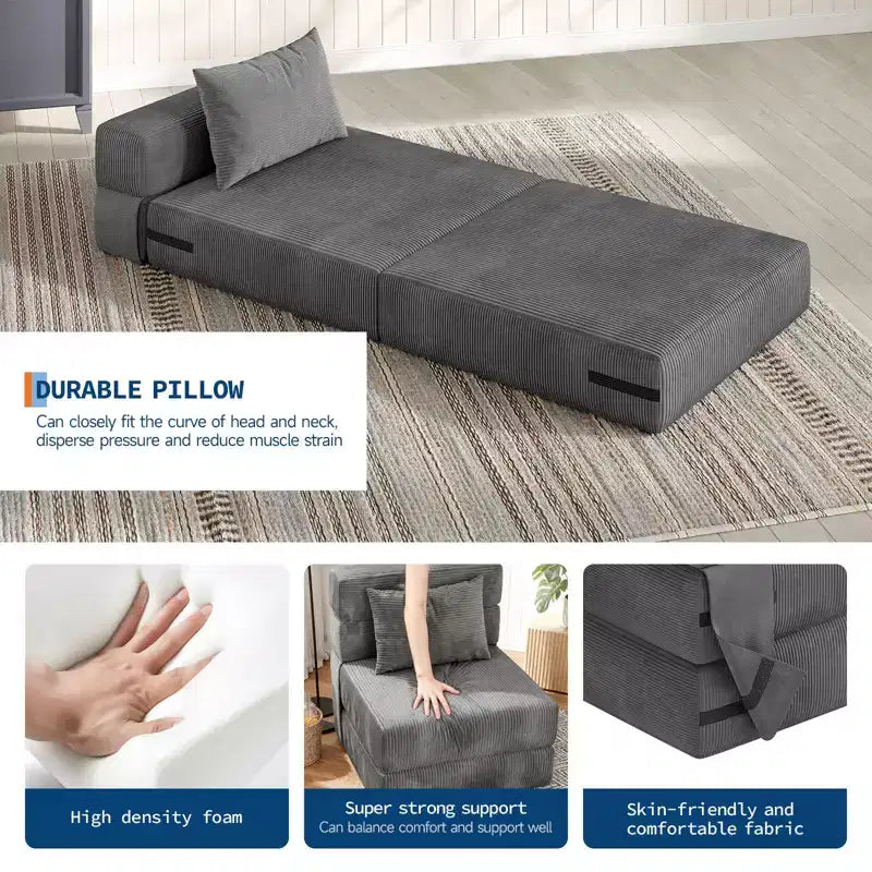 72 x 28 x 6 Inches Folding Sofa Bed Sleeper Chair, Convertible Futon Couch with Pillow, Single Size Foldable Mattress for Living Room, Dorm, Apartment