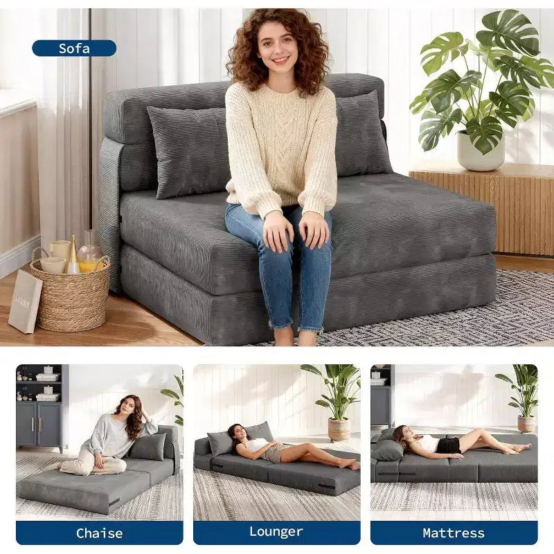 4-in-1 Folding Sofa Bed & Sleeper Chair, 76 Inches Convertible Fold Out Loveseat with Pillow, Tufted Floor Lounge for Living Room, Bedroom