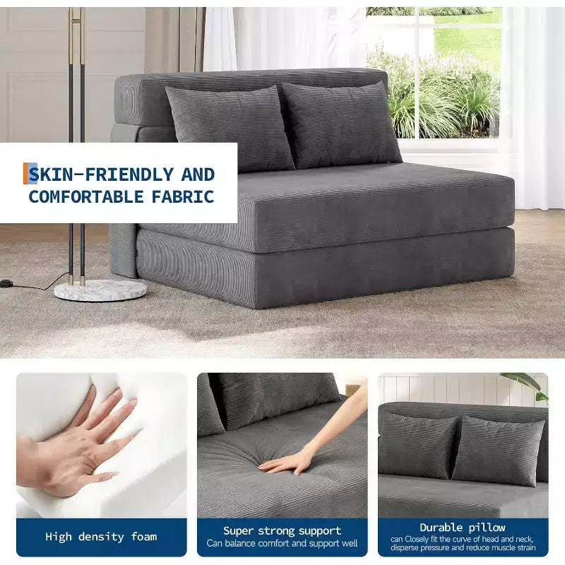 4-in-1 Folding Sofa Bed & Sleeper Chair, 76 Inches Convertible Fold Out Loveseat with Pillow, Tufted Floor Lounge for Living Room, Bedroom