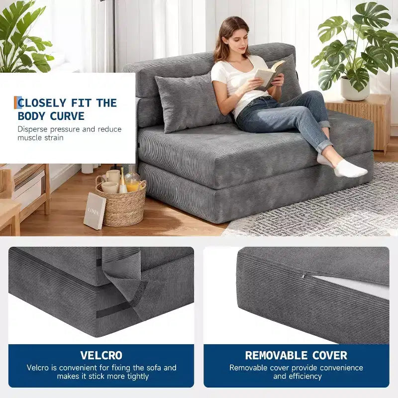 4-in-1 Folding Sofa Bed & Sleeper Chair, 80 Inches Convertible Fold Out Loveseat with Pillow, Tufted Floor Lounge for Living Room, Bedroom, Guest Room