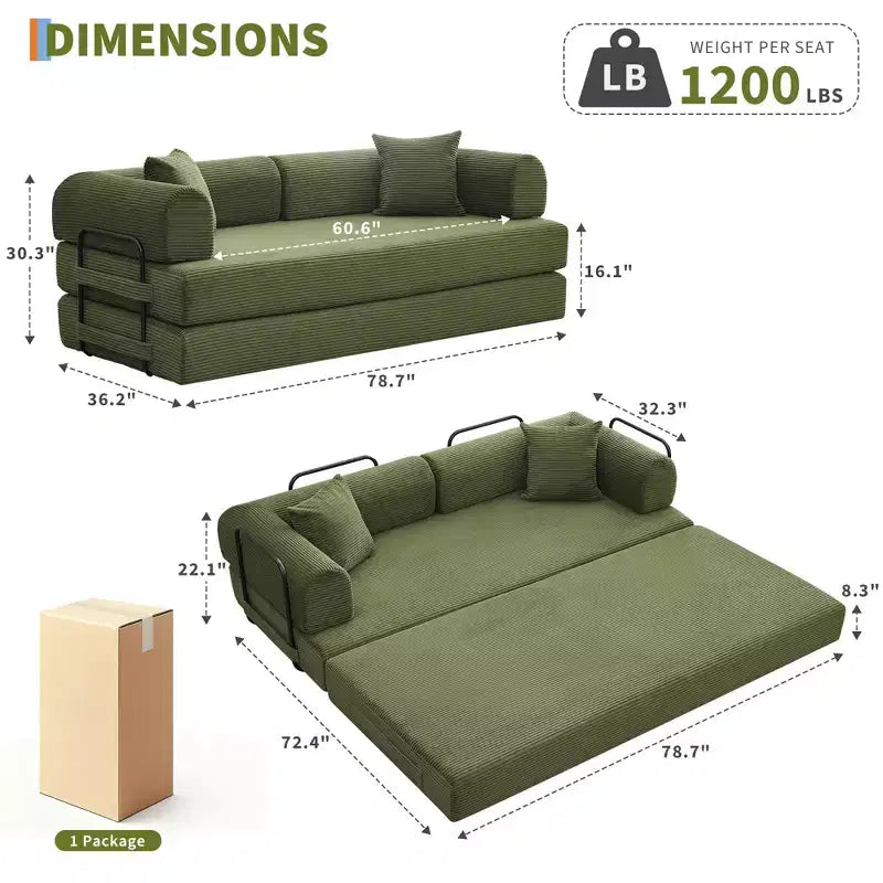 78'' Convertible Sleeper Sofa Bed,4 in 1 Corduroy Boneless Couch with Pillows,Folding Sectional Couch with Pull Out Bed,Floor Sofa Loveseat