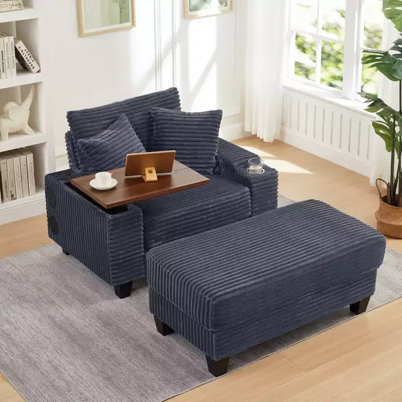 Okak Modern Oversized Sofa Futon Couch with Ottoman & Rotating Side Table,Comfy Sleeper Sofa Chair for Living Room,Apartment