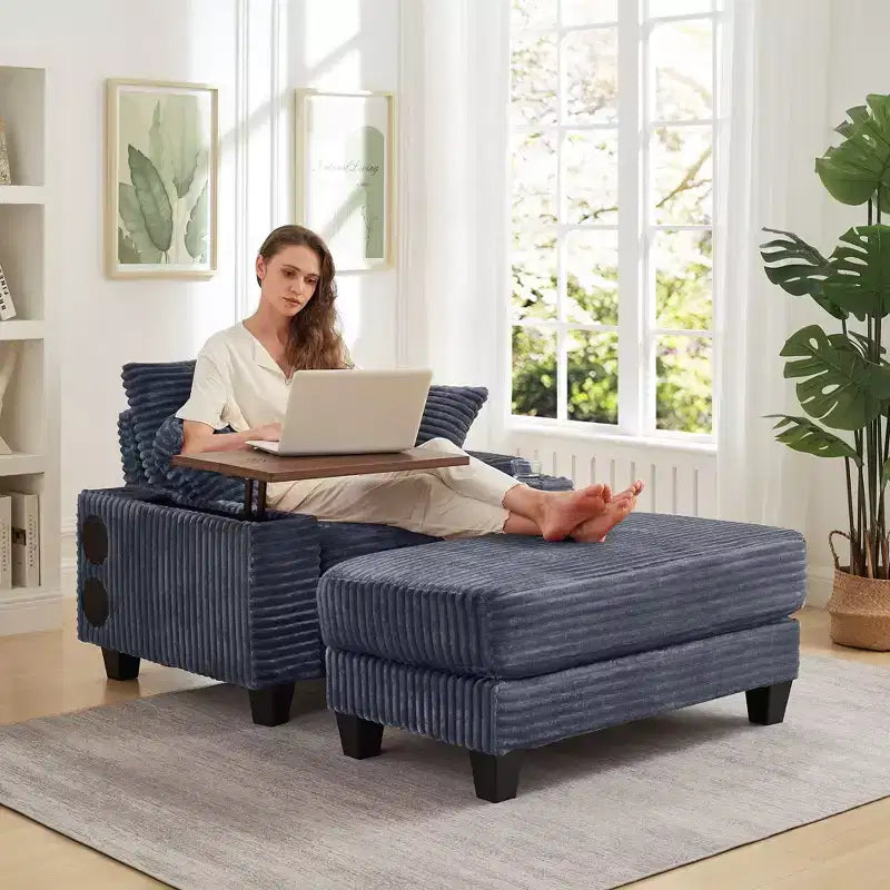 Okak Modern Oversized Sofa Futon Couch with Ottoman & Rotating Side Table,Comfy Sleeper Sofa Chair for Living Room,Apartment