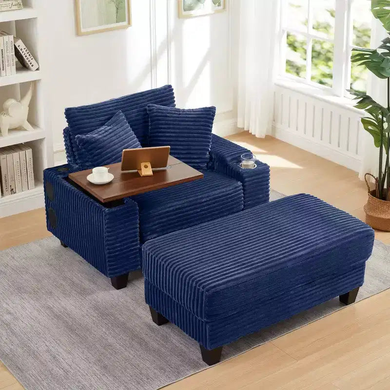Okak Modern Oversized Sofa Futon Couch with Ottoman & Rotating Side Table,Comfy Sleeper Sofa Chair for Living Room,Apartment