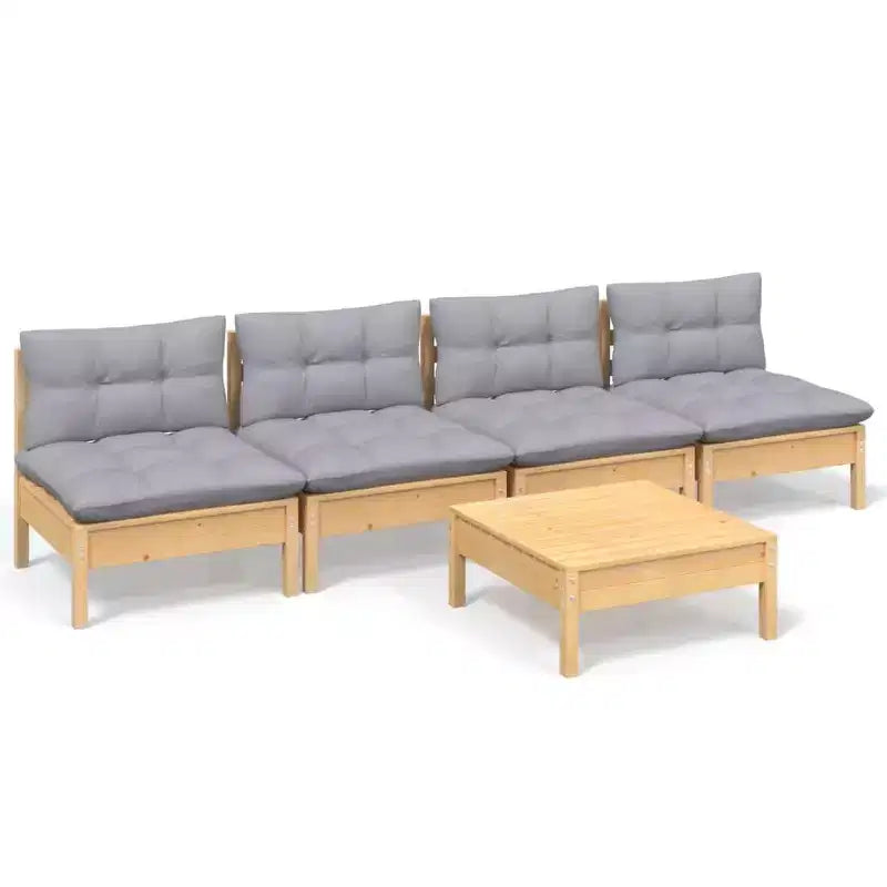vidaXL Solid Pinewood Patio Lounge Set 5 Piece with Cushions - Brown and Gray
