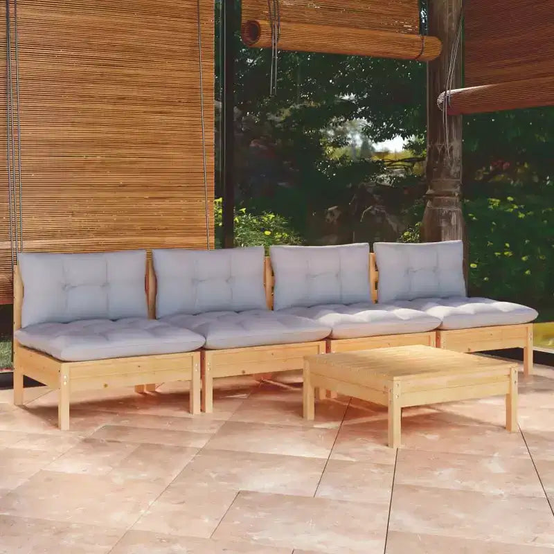 vidaXL Solid Pinewood Patio Lounge Set 5 Piece with Cushions - Brown and Gray