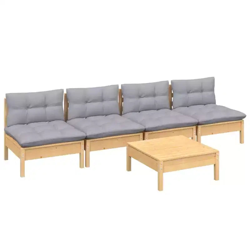 vidaXL Solid Pinewood Patio Lounge Set 5 Piece with Cushions - Brown and Gray