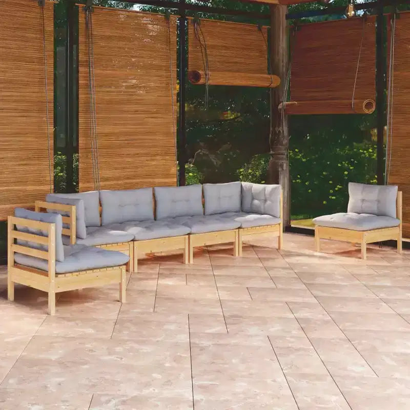 vidaXL 6 Piece Patio Lounge Set with Gray Cushions Solid Pinewood - Brown and Gray