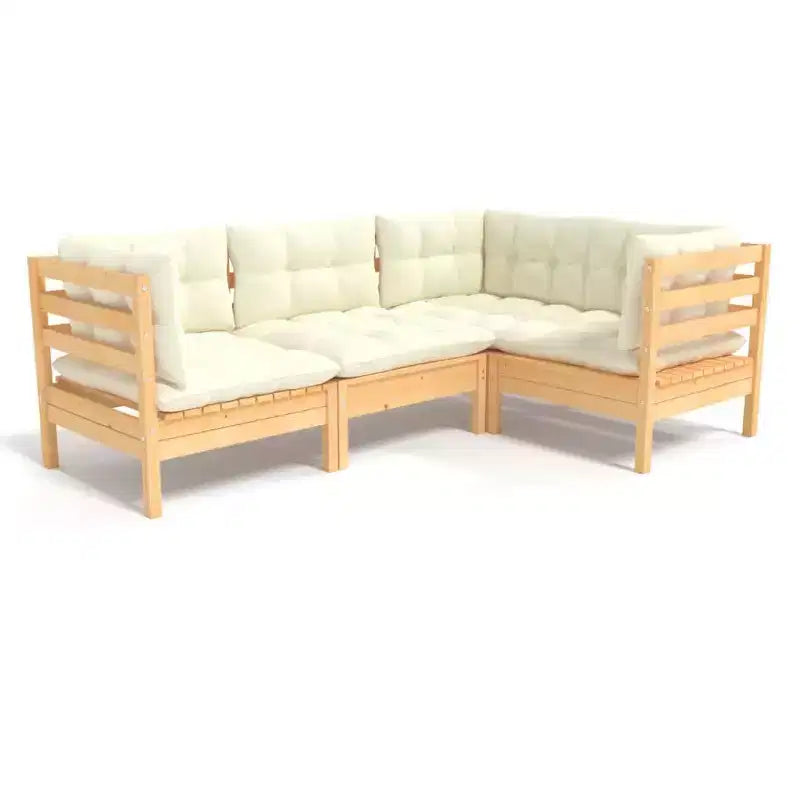 vidaXL Solid Pinewood Patio Lounge Set 4 Piece with Cushions - Brown and Cream