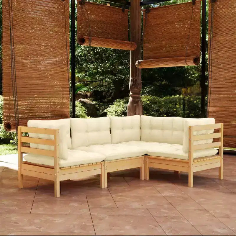vidaXL Solid Pinewood Patio Lounge Set 4 Piece with Cushions - Brown and Cream