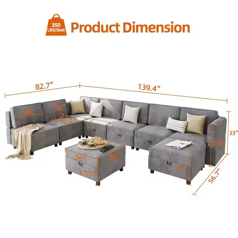 139.4 Chenille Reversible Sectional Sofa, 9-Seater Modular Sectional Sofa, Sleeper Sofa Couch with Chaise