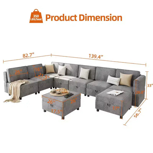 Sofá seccional reversible de chenilla de 139.4, sofá seccional modular de 9 asientos, sofá cama con chaise longue