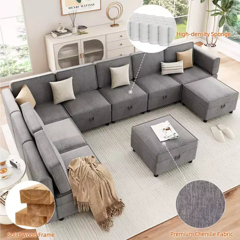 139.4 Chenille Reversible Sectional Sofa, 9-Seater Modular Sectional Sofa, Sleeper Sofa Couch with Chaise