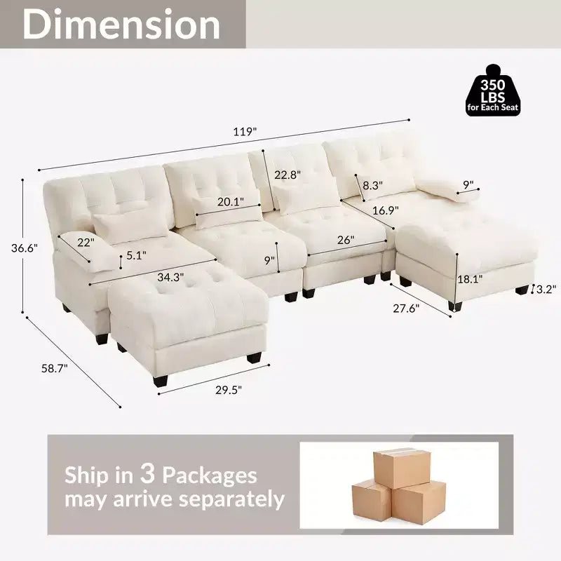 Whisen 119 4-Seater Chenille Sofa, Sectional Sofa & Couch with 2 Ottomans, Adjustable Backrest, 4 Throw Pillows