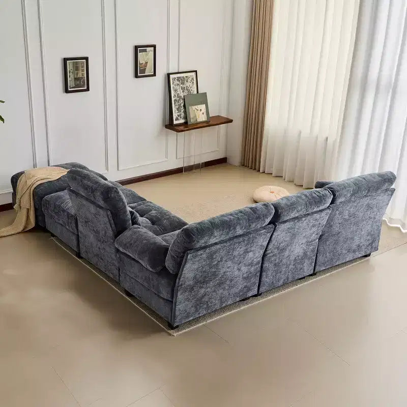 Whisen 119 4-Seater Chenille Sofa, Sectional Sofa & Couch with 2 Ottomans, Adjustable Backrest, 4 Throw Pillows