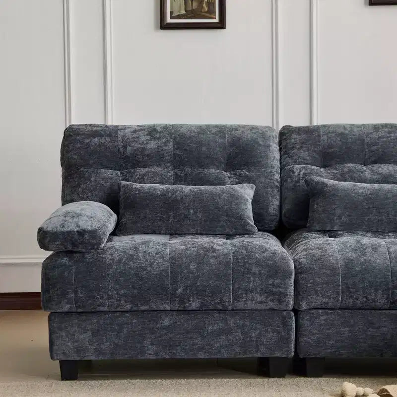 Whisen 119 4-Seater Chenille Sofa, Sectional Sofa & Couch with 2 Ottomans, Adjustable Backrest, 4 Throw Pillows