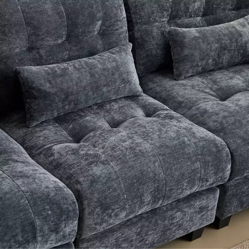 Whisen 119 4-Seater Chenille Sofa, Sectional Sofa & Couch with 2 Ottomans, Adjustable Backrest, 4 Throw Pillows