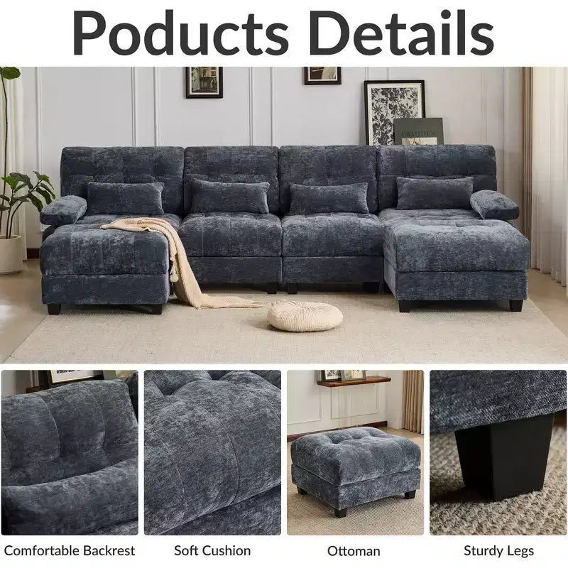 Whisen 119 4-Seater Chenille Sofa, Sectional Sofa & Couch with 2 Ottomans, Adjustable Backrest, 4 Throw Pillows