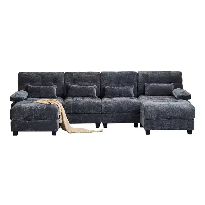 Whisen 119 4-Seater Chenille Sofa, Sectional Sofa & Couch with 2 Ottomans, Adjustable Backrest, 4 Throw Pillows