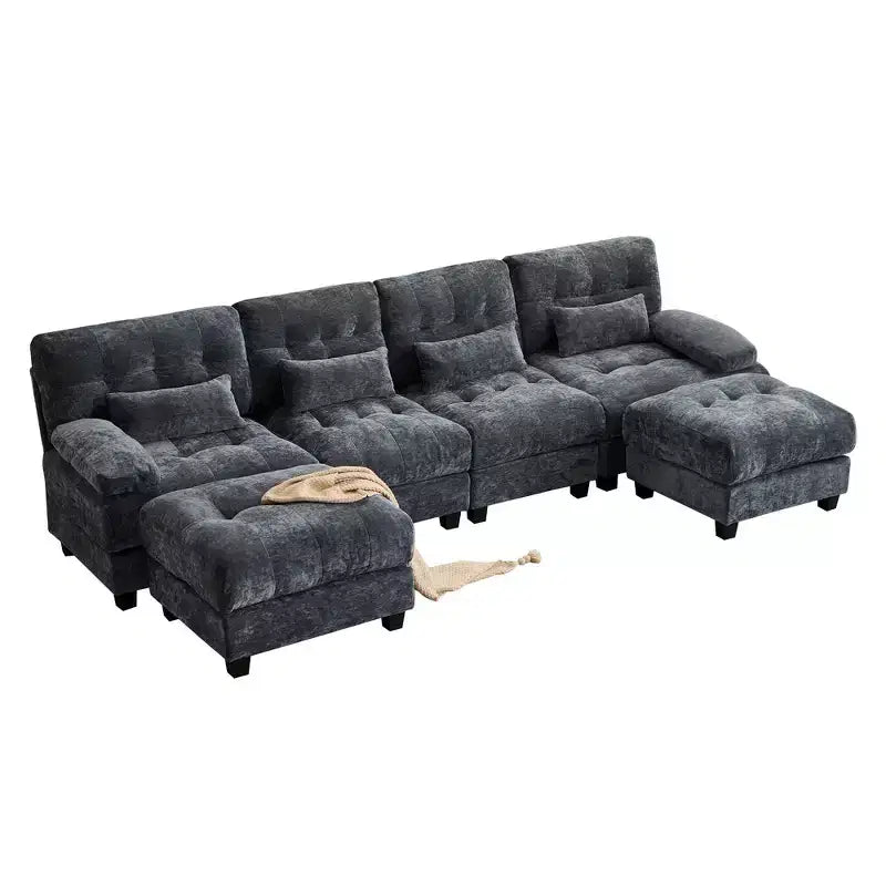 Whisen 119 4-Seater Chenille Sofa, Sectional Sofa & Couch with 2 Ottomans, Adjustable Backrest, 4 Throw Pillows
