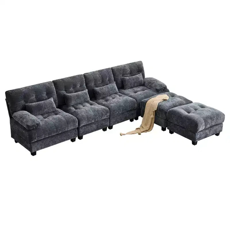 Whisen 119 4-Seater Chenille Sofa, Sectional Sofa & Couch with 2 Ottomans, Adjustable Backrest, 4 Throw Pillows