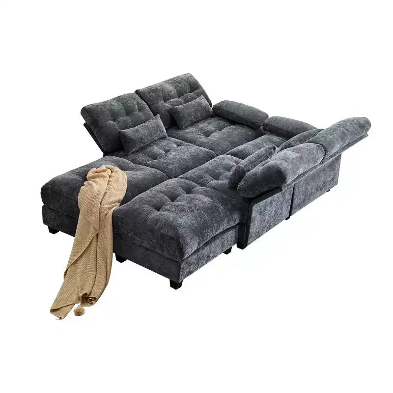 Whisen 119 4-Seater Chenille Sofa, Sectional Sofa & Couch with 2 Ottomans, Adjustable Backrest, 4 Throw Pillows