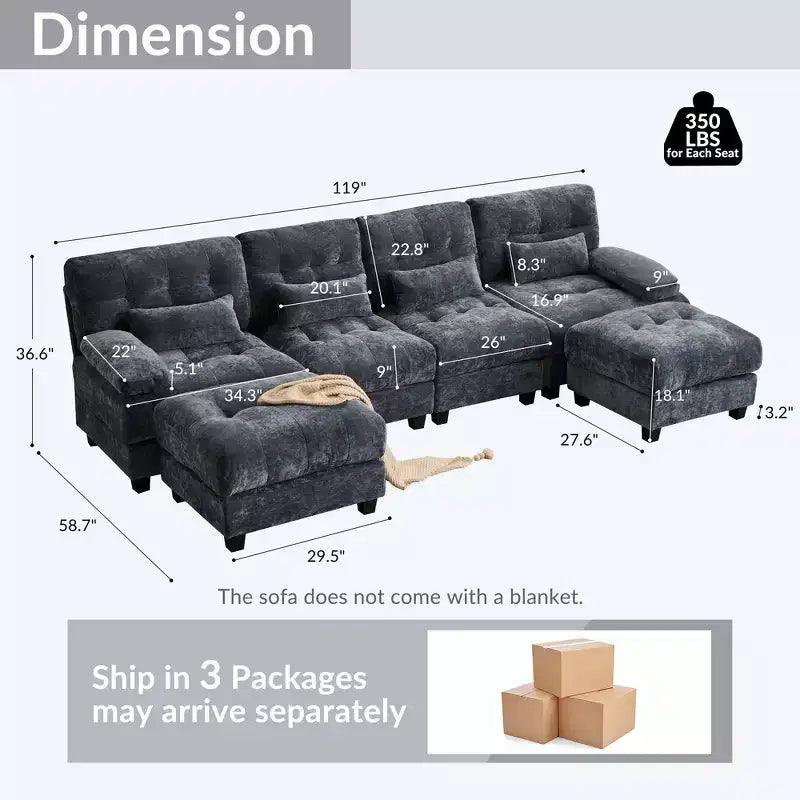 Whisen 119 4-Seater Chenille Sofa, Sectional Sofa & Couch with 2 Ottomans, Adjustable Backrest, 4 Throw Pillows