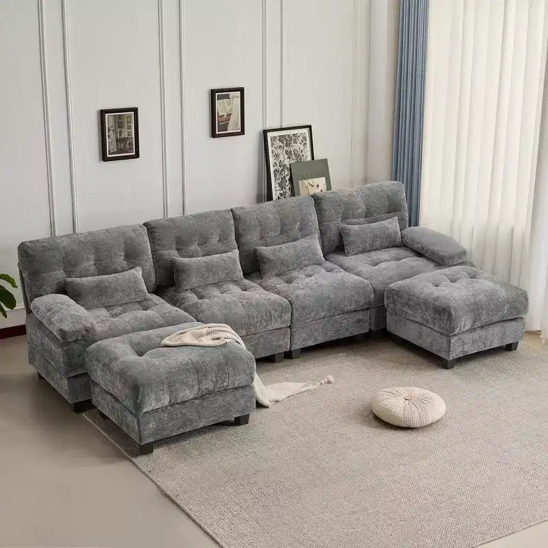 Whisen 119 4-Seater Chenille Sofa, Sectional Sofa & Couch with 2 Ottomans, Adjustable Backrest, 4 Throw Pillows