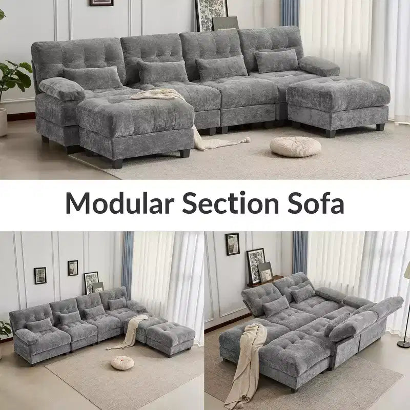 Whisen 119 4-Seater Chenille Sofa, Sectional Sofa & Couch with 2 Ottomans, Adjustable Backrest, 4 Throw Pillows