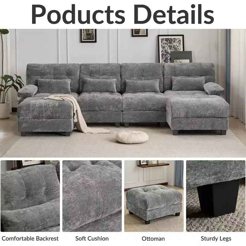 Whisen 119 4-Seater Chenille Sofa, Sectional Sofa & Couch with 2 Ottomans, Adjustable Backrest, 4 Throw Pillows