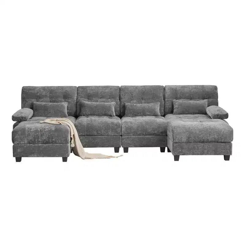 Whisen 119 4-Seater Chenille Sofa, Sectional Sofa & Couch with 2 Ottomans, Adjustable Backrest, 4 Throw Pillows