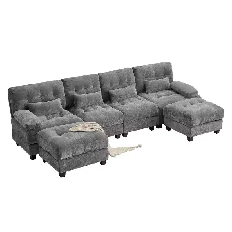 Whisen 119 4-Seater Chenille Sofa, Sectional Sofa & Couch with 2 Ottomans, Adjustable Backrest, 4 Throw Pillows