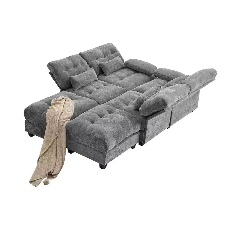 Whisen 119 4-Seater Chenille Sofa, Sectional Sofa & Couch with 2 Ottomans, Adjustable Backrest, 4 Throw Pillows
