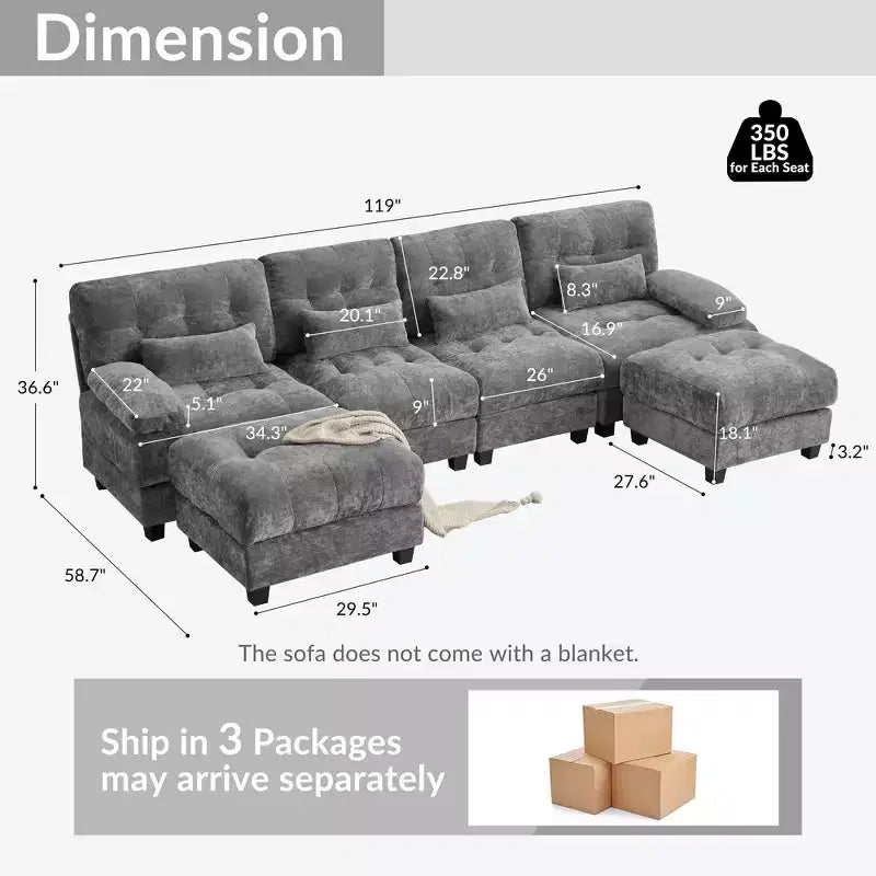 Whisen 119 4-Seater Chenille Sofa, Sectional Sofa & Couch with 2 Ottomans, Adjustable Backrest, 4 Throw Pillows