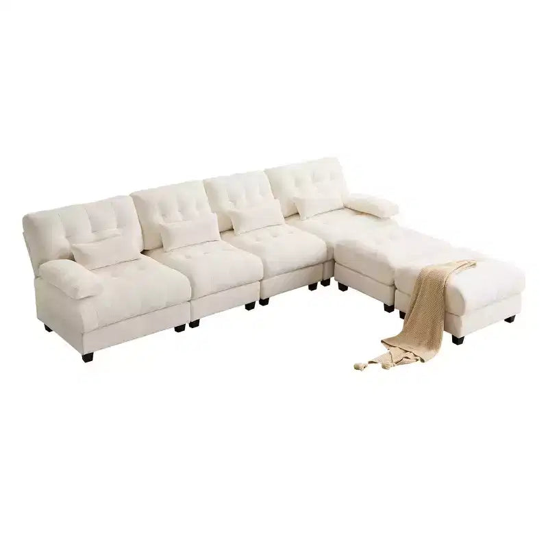 Whisen 119 4-Seater Chenille Sofa, Sectional Sofa & Couch with 2 Ottomans, Adjustable Backrest, 4 Throw Pillows