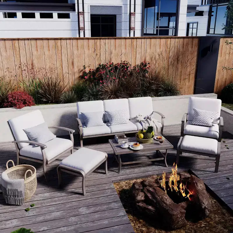HAPPATIO 6 Piece Aluminum Patio Furniture Set, Outdoor Chairs with Ottomans and Loveseat, Outdoor Sofa with Cushions and Coffee Table(Gray)