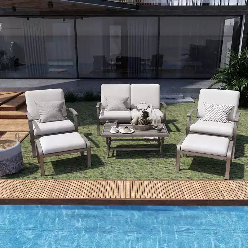 HAPPATIO 6 Piece Aluminum Patio Furniture Set, Outdoor Chairs with Ottomans and Loveseat, Outdoor Sofa with Cushions and Coffee Table(Gray)