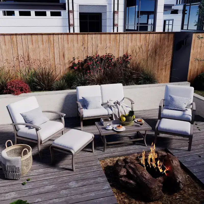HAPPATIO 6 Piece Aluminum Patio Furniture Set, Outdoor Chairs with Ottomans and Loveseat, Outdoor Sofa with Cushions and Coffee Table(Gray)