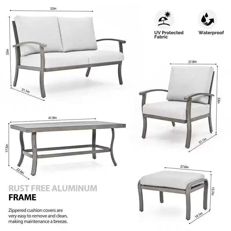 HAPPATIO 6 Piece Aluminum Patio Furniture Set, Outdoor Chairs with Ottomans and Loveseat, Outdoor Sofa with Cushions and Coffee Table(Gray)