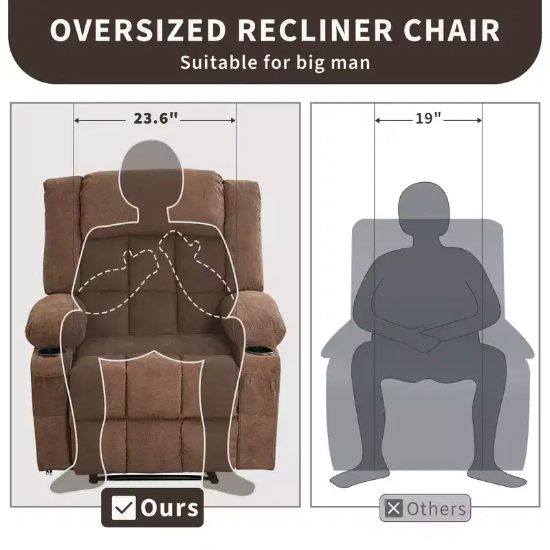 Oversized Manual Recliner Chair, Widen Overstuffed Single Sofa, 3 Positions, 2 Side Pockets and 2 Cup Holders, for Living Room