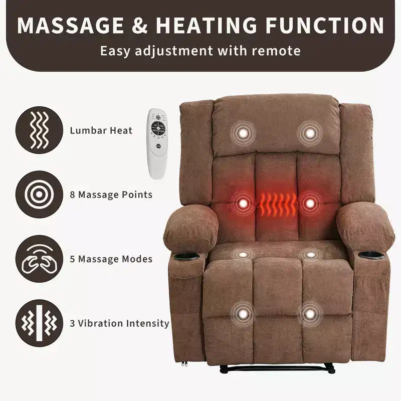 Oversized Manual Recliner Chair, Widen Overstuffed Single Sofa, 3 Positions, 2 Side Pockets and 2 Cup Holders, for Living Room
