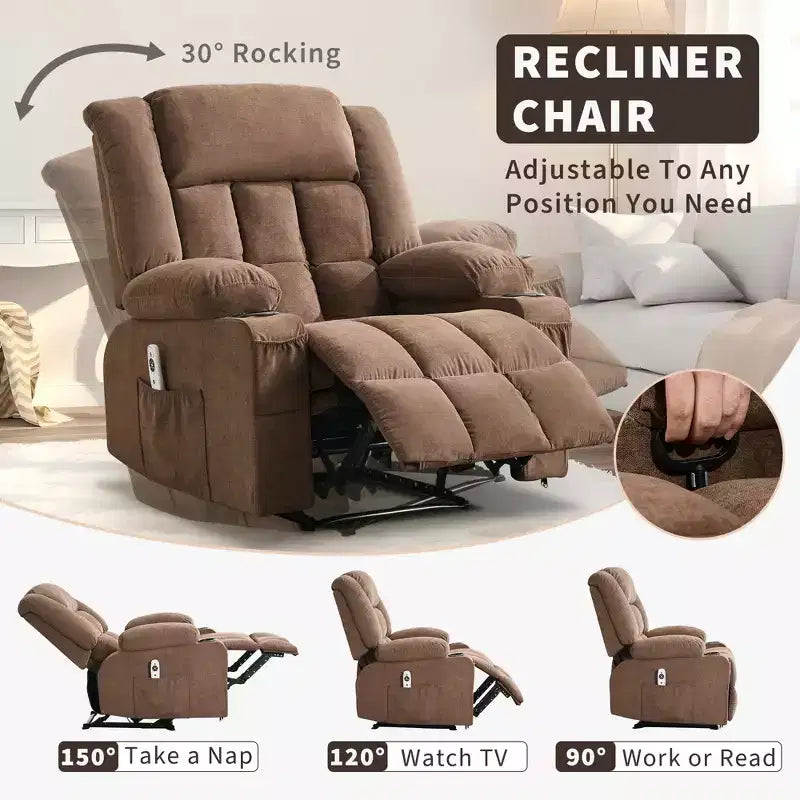 Oversized Manual Recliner Chair, Widen Overstuffed Single Sofa, 3 Positions, 2 Side Pockets and 2 Cup Holders, for Living Room